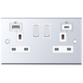 Selectric 7M-Pro Polished Chrome 2 Gang 13A Switched Socket with USB C and A Outlets - White Insert