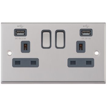 Selectric 7M-Pro Satin Chrome 2 Gang 13A Switched Socket with USB Outlet and Grey Insert