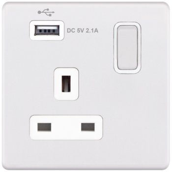Selectric 5M-Plus Matt White 1 Gang 13A Switched Socket with USB Outlet and White Insert