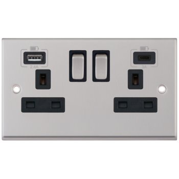Selectric 7M-Pro Satin Chrome 2 Gang 13A Switched Socket with USB C and A Outlets - Black Insert