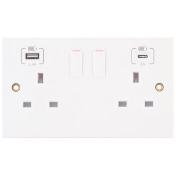 Selectric Square 2 Gang 13A Switched Socket with USB C and A Outlets