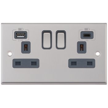Selectric 7M-Pro Satin Chrome 2 Gang 13A Switched Socket with USB C and A Outlets - Grey Insert