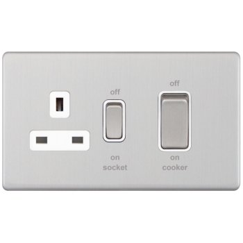 Selectric 5M-Plus Satin Chrome 45A DP Switch and 13A Switched Socket with White Insert