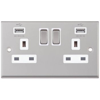 Selectric 7M-Pro Satin Chrome 2 Gang 13A Switched Socket with USB Outlet and White Insert