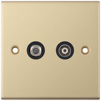 Selectric 5M Satin Brass 2 Gang Satellite and TV/FM Socket with Black Insert