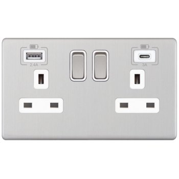 Selectric 5M-Plus Satin Chrome 2 Gang 13A Switched Socket with USB C and A Outlets - White Insert