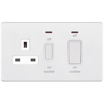 Selectric 5M-Plus Matt White 45A DP Switch and 13A Switched Socket with Neon and White Insert