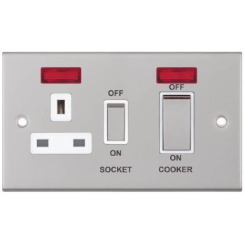 Selectric 5M Satin Chrome 45A DP Switch and 13A Switched Socket with Neon and White Insert