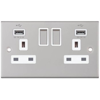 Selectric 5M Satin Chrome 2 Gang 13A Switched Socket with USB Outlet and White Insert