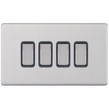 Selectric 5M-Plus Screwless Satin Chrome 4 Gang 10A 2 Way Switch with Grey Insert