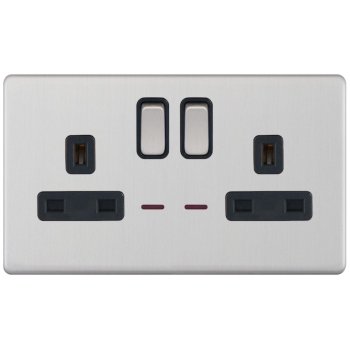 Selectric 5M-Plus Satin Chrome 2 Gang 13A DP Switched Socket with Neon and Black Insert