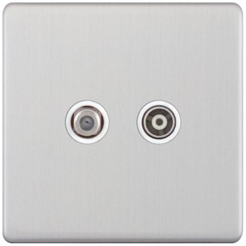 Selectric 5M-Plus Satin Chrome 2 Gang Satellite and TV/FM Socket with White Insert