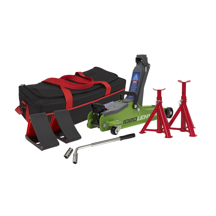 Sealey - Trolley Jack 2tonne Low Entry Short Chassis - Hi-Vis Green and Accessories Bag Combo Jacking & Lifting Sealey - Sparks Warehouse