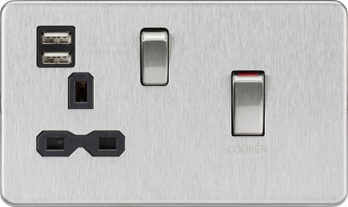 Knightsbridge SFR83UMBC 45A DP Switch and 13A switched socket with dual USB charger - brushed chrome with black insert