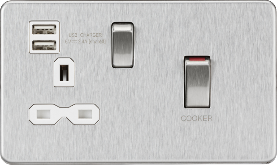 Knightsbridge SFR83UMBCW 45A DP Switch and 13A switched socket with dual USB charger - brushed chrome with white insert