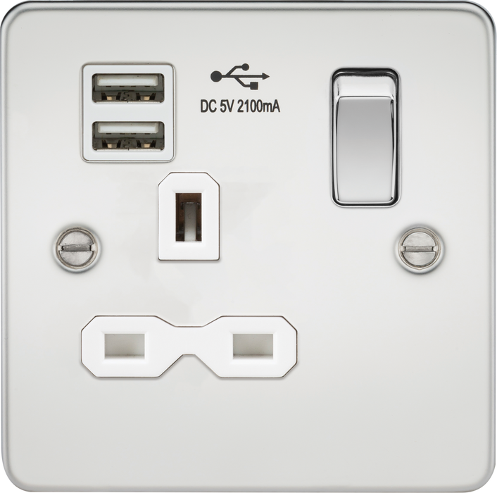 Knightsbridge FPR9901PCW Flat plate 13A 1G switched socket with dual USB charger (2.1A) - polished chrome with white insert ML Knightsbridge - Sparks Warehouse