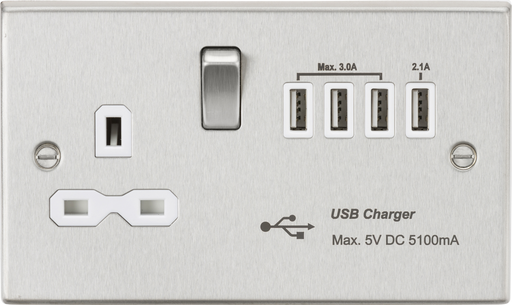 Knightsbridge CS7USB4BCW 13A switched socket with quad USB charger (5.1A) - brushed chrome with white insert ML Knightsbridge - Sparks Warehouse