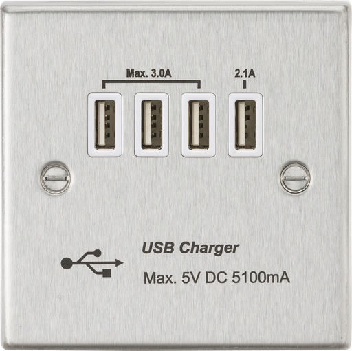 Knightsbridge CSQUADBCW Quad USB Charger Outlet (5.1A) - Brushed Chrome with White Insert ML Knightsbridge - Sparks Warehouse
