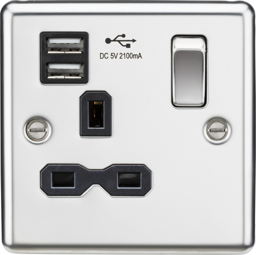 Knightsbridge CL91PC 13A 1G Switched Socket Dual USB Charger Slots with Black Insert - Rounded Edge Polished Chrome ML Knightsbridge - Sparks Warehouse