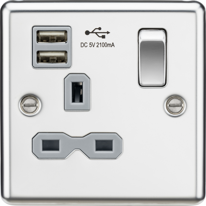 Knightsbridge CL91PCG 13A 1G Switched Socket Dual USB Charger Slots with Grey Insert - Rounded Edge Polished Chrome Knightsbridge - Sparks Warehouse
