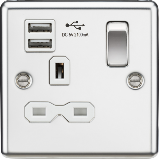 Knightsbridge CL91PCW 13A 1G Switched Socket Dual USB Charger Slots with White Insert - Rounded Edge Polished Chrome ML Knightsbridge - Sparks Warehouse