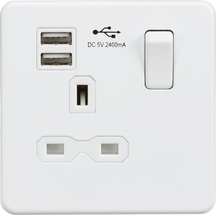 Knightsbridge SFR9124MW Screwless 13A 1G switched socket with dual USB charger (2.4A) - matt white ML Knightsbridge - Sparks Warehouse