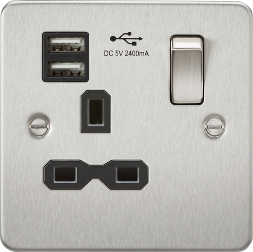 Knightsbridge FPR9124BC Flat plate 13A 1G switched socket with dual USB charger (2.4A) - brushed chrome with black insert ML Knightsbridge - Sparks Warehouse