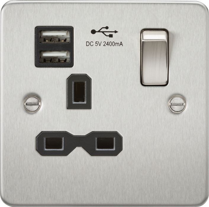 Knightsbridge FPR9124BC Flat plate 13A 1G switched socket with dual USB charger (2.4A) - brushed chrome with black insert ML Knightsbridge - Sparks Warehouse