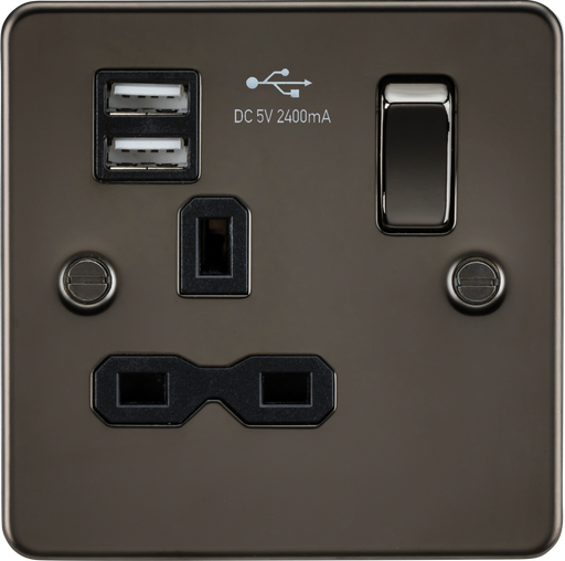 Knightsbridge FPR9124GM Flat plate 13A 1G switched socket with dual USB charger (2.4A) - gunmetal with black insert ML Knightsbridge - Sparks Warehouse
