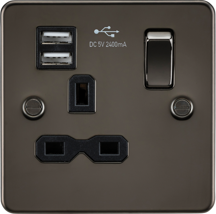 Knightsbridge FPR9124GM Flat plate 13A 1G switched socket with dual USB charger (2.4A) - gunmetal with black insert ML Knightsbridge - Sparks Warehouse