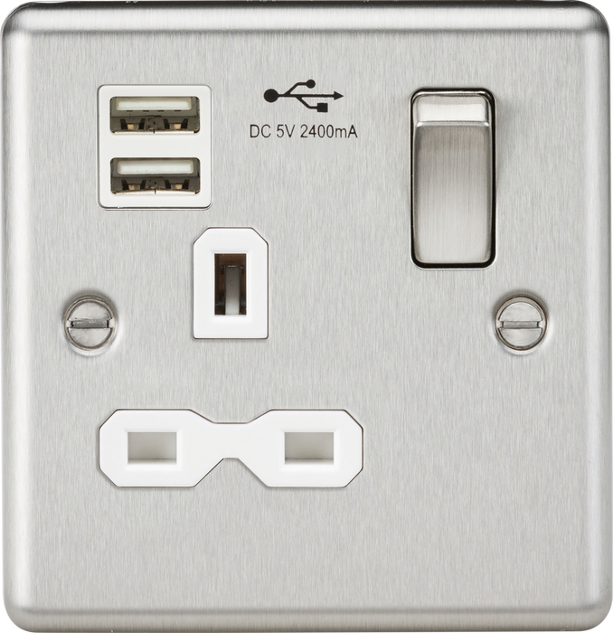 Knightsbridge CL9124BCW 13A 1G Switched Socket Dual USB Charger Slots with White Insert - Rounded Edge Brushed Chrome ML Knightsbridge - Sparks Warehouse