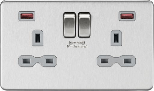 Knightsbridge SFR9908BCG 13A 2G DP Switched Socket with Dual USB FASTCHARGE ports (A + A) - Brushed Chrome with grey insert ML Knightsbridge - Sparks Warehouse