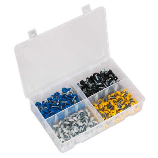 Sealey - AB076NP Number Plate Screw Assortment 200pc 4.8mm x 18mm Plastic Enclosed Head Consumables Sealey - Sparks Warehouse