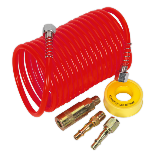 Sealey - AHK03 Air Hose Kit 5m x Ø5mm PU Coiled with Connectors Compressors Sealey - Sparks Warehouse