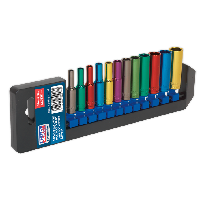 Sealey - AK282D Multi-Coloured Socket Set 12pc 1/4"Sq Drive 6pt Deep WallDrive® Metric Hand Tools Sealey - Sparks Warehouse