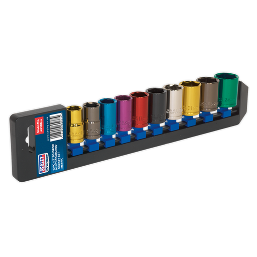 Sealey - AK288 Multi-Coloured Socket Set 10pc 1/2"Sq Drive 6pt WallDrive® Metric Hand Tools Sealey - Sparks Warehouse