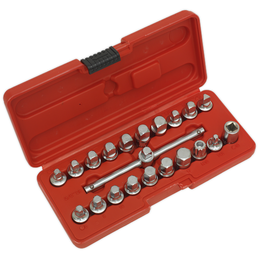 Sealey - AK6586 Oil Drain Plug Key Set 21pc 3/8"Sq Drive Vehicle Service Tools Sealey - Sparks Warehouse