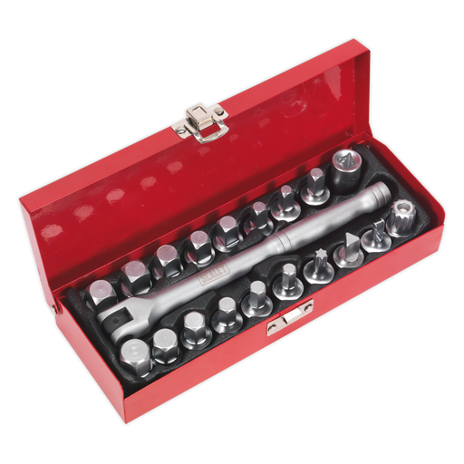 Sealey - AK6587 Oil Drain Plug Key Set 20pc 3/8"Sq Drive Vehicle Service Tools Sealey - Sparks Warehouse