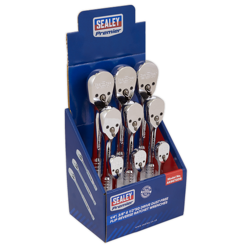 Sealey - AK6672DB Ratchet Wrenches 1/4", 3/8" & 1/2"Sq Drive Pear-Head Flip Reverse Display Box of 9 Hand Tools Sealey - Sparks Warehouse