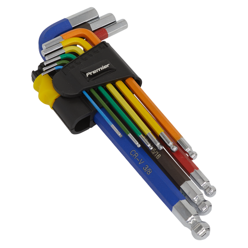 Sealey - AK7197 Ball-End Hex Key Set 9pc Long Colour-Coded Imperial Hand Tools Sealey - Sparks Warehouse