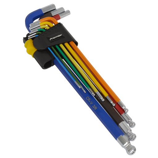 Sealey - AK7198 Ball-End Hex Key Set Extra Long 9pc Colour-Coded Imperial Hand Tools Sealey - Sparks Warehouse