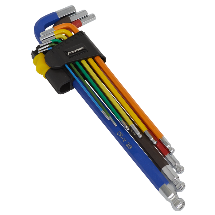 Sealey - AK7198 Ball-End Hex Key Set Extra Long 9pc Colour-Coded Imperial Hand Tools Sealey - Sparks Warehouse