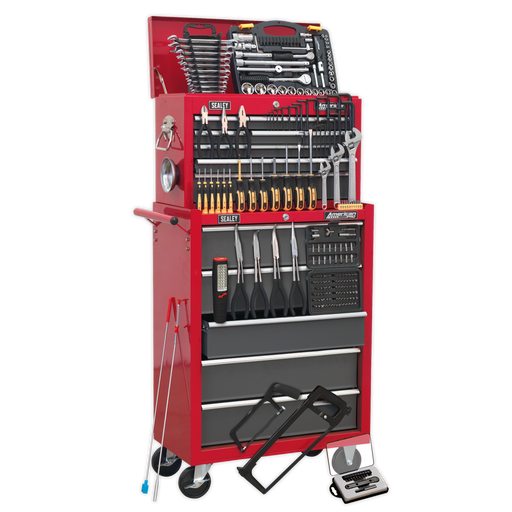 Sealey - AP2250BBCOMBO Topchest & Rollcab Combination 14 Drawer with Ball Bearing Slides - Red/Grey & 239pc Tool Kit Storage & Workstations Sealey - Sparks Warehouse