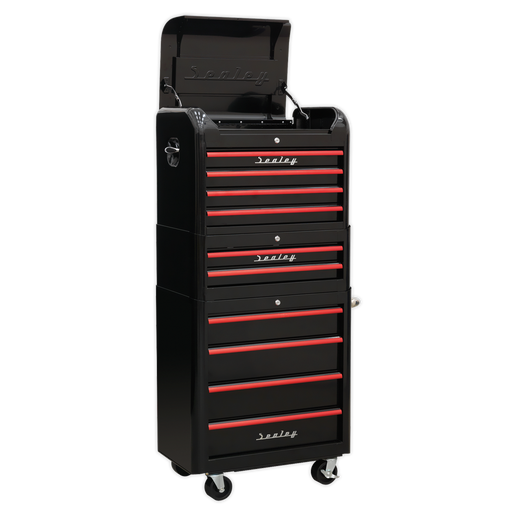 Sealey - Retro Style Topchest, Mid-Box & Rollcab Combination 10 Drawer - Black with Red Anodised Drawer Pulls Storage & Workstations Sealey - Sparks Warehouse