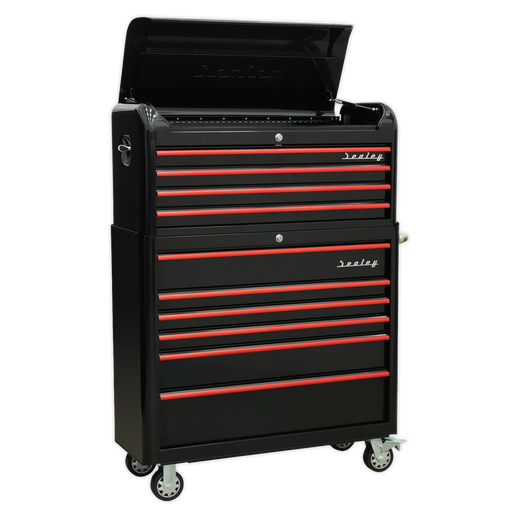 Sealey - Retro Style Extra-Wide Topchest & Rollcab Combination 10 Drawer-Black with Red Anodised Drawer Pull Storage & Workstations Sealey - Sparks Warehouse