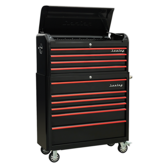 Sealey - Retro Style Extra-Wide Topchest & Rollcab Combination 10 Drawer-Black with Red Anodised Drawer Pull Storage & Workstations Sealey - Sparks Warehouse