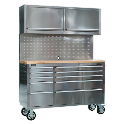 Sealey - AP5520SS Mobile Stainless Steel Tool Cabinet 10 Drawer with Backboard & 2 Wall Cupboards Storage & Workstations Sealey - Sparks Warehouse