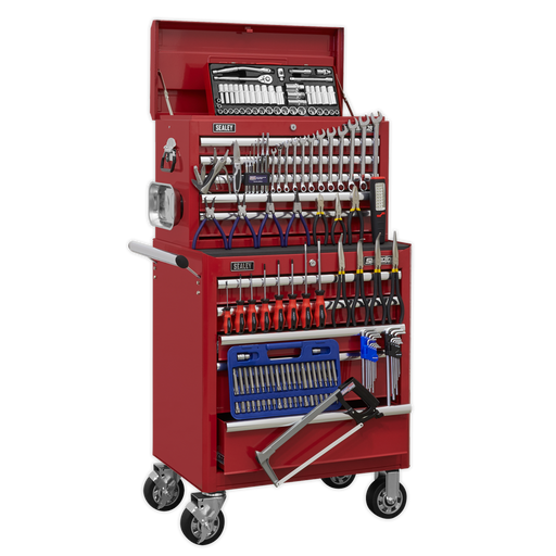 Sealey - APCOMBOBBTK55 Topchest & Rollcab Combination 10 Drawer with Ball Bearing Slides - Red & 147pc Tool Kit Storage & Workstations Sealey - Sparks Warehouse