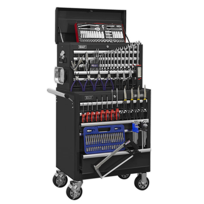 Sealey - APCOMBOBBTK56 Topchest & Rollcab Combination 10 Drawer with Ball Bearing Slides - Black with 147pc Tool Kit Storage & Workstations Sealey - Sparks Warehouse