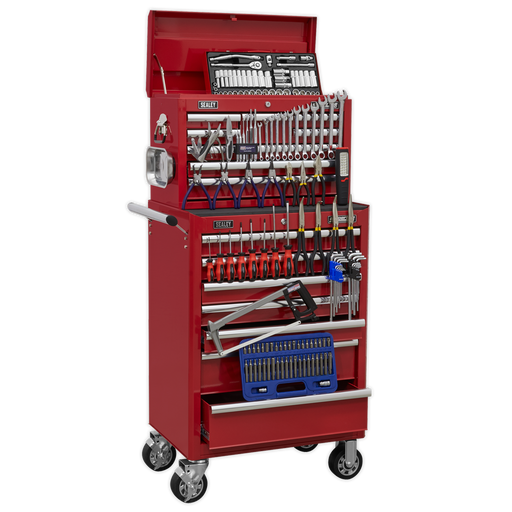 Sealey - APCOMBOBBTK57 Topchest & Rollcab Combination 15 Drawer with Ball Bearing Slides - Red & 147pc Tool Kit Storage & Workstations Sealey - Sparks Warehouse